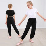 Girls Wide Leg Pants - Black Kids Harem Pants with High Elastic Waist Soft Comfortable Breathable Cotton for Dance Yoga & Sports - DancerInn - 33077471543479 - 33077471543479