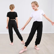 Girls Wide Leg Pants - Black Kids Harem Pants with High Elastic Waist Soft Comfortable Breathable Cotton for Dance Yoga & Sports - DancerInn