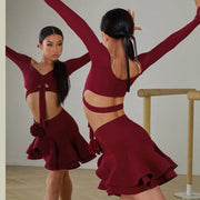 Girls Dance Sets with Long Sleeve Latina Shirt and Latin Dance Skirt for Chacha Samba Competition Performance - DancerInn 