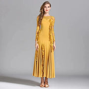 Women Hidden Zipper Flower Pattern Long Sleeves Ballroom Standard Waltz Dress Tango Costume Lace Dressing Gown - DancerInn