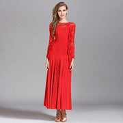 Women Hidden Zipper Flower Pattern Long Sleeves Ballroom Standard Waltz Dress Tango Costume Lace Dressing Gown - DancerInn