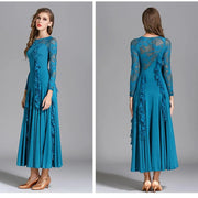 Women Hidden Zipper Flower Pattern Long Sleeves Ballroom Standard Waltz Dress Tango Costume Lace Dressing Gown - DancerInn