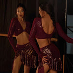 Mesh Dance Top - Long Sleeve Latin Dance Tops for Ladies with Adjustable Front Buckle Sexy Leopard Crop - DancerInn red / L 18.80 - 34498428666039 - 34498428666039