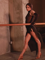 Kleider für lateinamerikanische Tänze – Fransenkleider mit hohem Schlitz und einärmelig für Salsa, Samba und Tango (mit Unterwäsche) - 34543797043383 - 34543797043383