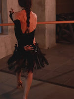 Vestido de dança latina - Vestido preto vintage de veludo com recortes e franjas para dançar tango, salsa e samba. - 34560415858871 - 34560415858871