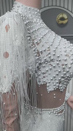 Body feminino com franjas de strass, collant transparente de tule com lantejoulas para apresentações de palco e dança. - 38416912842935 - 38416912842935