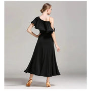 Women’s Ultra-fine Milk Silk Ruffled Neckline Inclined Shoulder Long Ballroom Dress - DancerInn