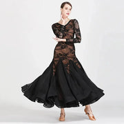 Women Hollow Lace Stitching V-Neck Ballroom Waltz Rumba Dresses Spanish Flamenco Dance Costumes - DancerInn