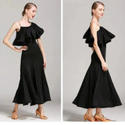 Women’s Ultra-fine Milk Silk Ruffled Neckline Inclined Shoulder Long Ballroom Dress - DancerInn
