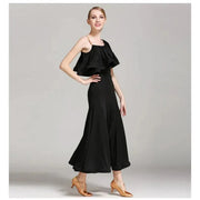 Women’s Ultra-fine Milk Silk Ruffled Neckline Inclined Shoulder Long Ballroom Dress - DancerInn