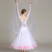 Women Flower Embroidery Finger Holder White Ballroom Dance Competition Dress Waltz Evening Party Dress Ball Gown - DancerInn