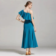Women’s Ultra-fine Milk Silk Ruffled Neckline Inclined Shoulder Long Ballroom Dress - DancerInn