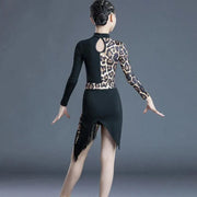 Girls Tassel Skirt Short Long Sleeve Leopard Ruma Samba Tango Dance Costumes Sets Latin Dance Dresses - DancerInn