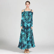 Women Leopard Bare Shoulder Backless Long Sleeves Evening Party Dresses Ballroom Gown Tango Costume Waltz - DancerInn