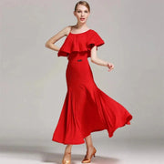 Women’s Ultra-fine Milk Silk Ruffled Neckline Inclined Shoulder Long Ballroom Dress - DancerInn