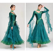 Women V-Neck Hidden Zipper Exquisite Decals Ballroom Dance Competition Dress For Waltz Dress Rumba Dance Costume - DancerInn