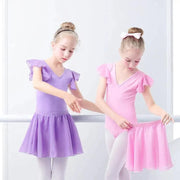 Girls Bowknot Short Sleeve Ballet Dress Gymnastics Leotards Chiffon Skirts for Kids - DancerInn