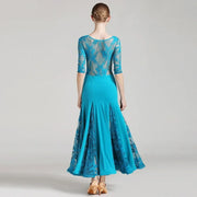 Women See-Through Hollow Lace Stitching Short Sleeves Red Tango Standard Ballroom Dress Waltz Rumba Dance Wear - DancerInn