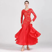Women Hollow Lace Stitching V-Neck Ballroom Waltz Rumba Dresses Spanish Flamenco Dance Costumes - DancerInn