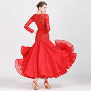 Women Hollow Lace Stitching V-Neck Ballroom Waltz Rumba Dresses Spanish Flamenco Dance Costumes - DancerInn
