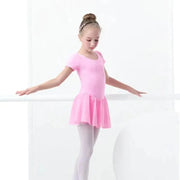 Girls Bowknot Short Sleeve Ballet Dress Gymnastics Leotards Chiffon Skirts for Kids - DancerInn