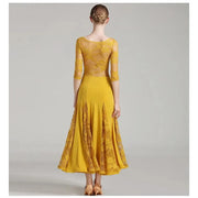 Women See-Through Hollow Lace Stitching Short Sleeves Red Tango Standard Ballroom Dress Waltz Rumba Dance Wear - DancerInn