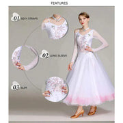 Women Flower Embroidery Finger Holder White Ballroom Dance Competition Dress Waltz Evening Party Dress Ball Gown - DancerInn