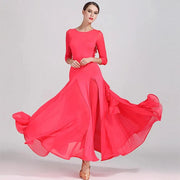 Women Chiffon Yarn V-Back Long Sleeves Party Dress Ball Gown Ballroom Waltz Dress Rumba Dance Costume Stage Dance Wear - DancerInn