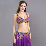 Women Professional Oriental Beaded Belly Dancing Dresses Set Bra+Belt+Skirt Belly Dance Costumes - DancerInn