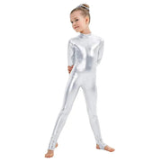 Kids Long Sleeve Metallic Unitards Stirrups Dance Gymnastics Leotards for Girls - DancerInn