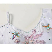 Women Flower Embroidery Finger Holder White Ballroom Dance Competition Dress Waltz Evening Party Dress Ball Gown - DancerInn