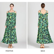 Women Leopard Bare Shoulder Backless Long Sleeves Evening Party Dresses Ballroom Gown Tango Costume Waltz - DancerInn