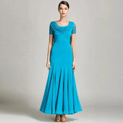 Women Special Neck Design Gauze Joint Lace Short Sleeves Long Hemline Ballroom Waltz Dresses for Foxtrot Flamenco Dance - DancerInn