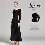 Women Layerd Back Ruffled Stitching Long Sleeves Ballroom Dress Standard Dance Clothing Stage Dance Wear - DancerInn