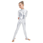 Kids Long Sleeve Metallic Unitards Stirrups Dance Gymnastics Leotards for Girls - DancerInn