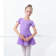 Girls Bowknot Short Sleeve Ballet Dress Gymnastics Leotards Chiffon Skirts for Kids - DancerInn