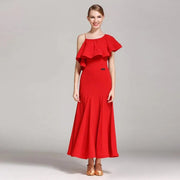 Women’s Ultra-fine Milk Silk Ruffled Neckline Inclined Shoulder Long Ballroom Dress - DancerInn