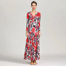 Robe de bal à imprimé floral à manches longues et col en V pour danse, événements et fêtes spéciales - rouge / S