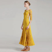 Women See-Through Hollow Lace Stitching Short Sleeves Red Tango Standard Ballroom Dress Waltz Rumba Dance Wear - DancerInn