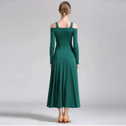 Women Bare Shoulder Long Sleeves Spandex White Ballroom Dress Party Dress Waltz Tango Dance Costume Ball Gown Dance Wear YL9008 - DancerInn