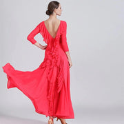 Women Chiffon Yarn V-Back Long Sleeves Party Dress Ball Gown Ballroom Waltz Dress Rumba Dance Costume Stage Dance Wear - DancerInn