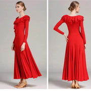 Women Layerd Back Ruffled Stitching Long Sleeves Ballroom Dress Standard Dance Clothing Stage Dance Wear - DancerInn