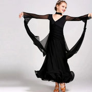 Kids Long Sleeve Romantic Floating Yarn Ballroom Dress Modern Dance Ballroom Dance Competition Dresses for Girls - DancerInn