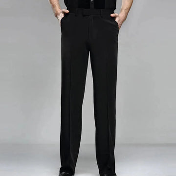Men Professional Pure Black Straight Pocket and Belt Latin Modern Square Practice Dance Pants - DancerInn