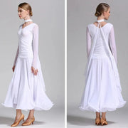 Women Neck Piece Flying Yarn Long Sleeves White Ballroom Dress Party Dress Waltz Rumba Costume Dance Clothing - DancerInn