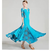 Women See-Through Hollow Lace Stitching Short Sleeves Red Tango Standard Ballroom Dress Waltz Rumba Dance Wear - DancerInn