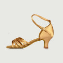 Lateinische Ballsaal-Tanzschuhe, Tanz-Sneaker für Salsa, offene Spitze aus Satin, hellbraun mit Rindsledersohle - Mittel-Nude 5,5 cm / 5.5