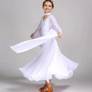 Kids Long Sleeve Romantic Floating Yarn Ballroom Dress Modern Dance Ballroom Dance Competition Dresses for Girls - DancerInn
