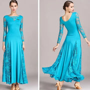 Women Hollow Lace Stitching Boat Neck Long Sleeves Waltz Dress Standard Ballroom Dance Costume Ball Dress Dance Clothes - DancerInn