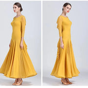 Women Chiffon Yarn V-Back Long Sleeves Party Dress Ball Gown Ballroom Waltz Dress Rumba Dance Costume Stage Dance Wear - DancerInn